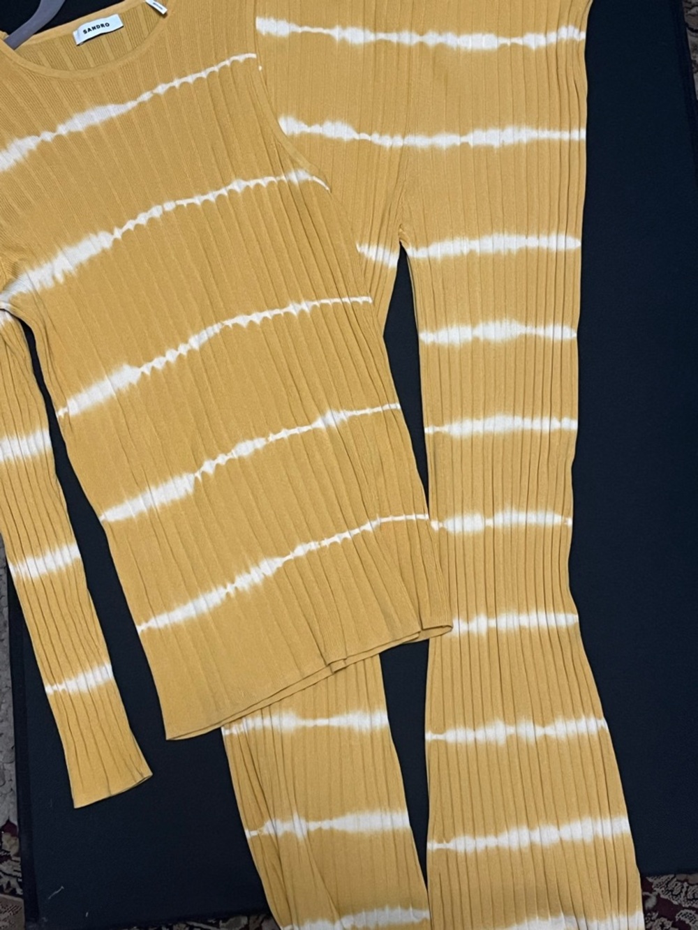 Sandro Mustard & White Ribbed Tie-Dye Knit Two-Piece Set size Large